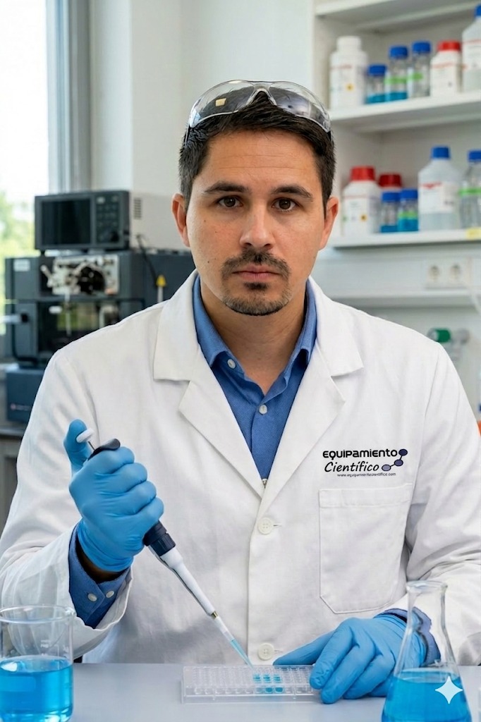 Especialista tecnico usando micropipeta en laboratorio