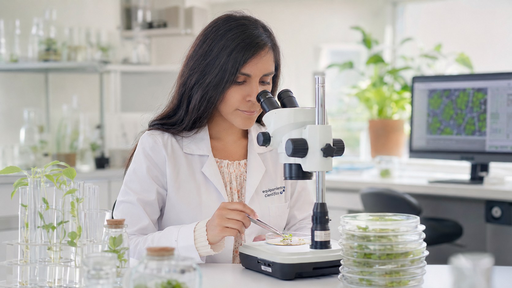 Especialista de laboratorio usando microscopio