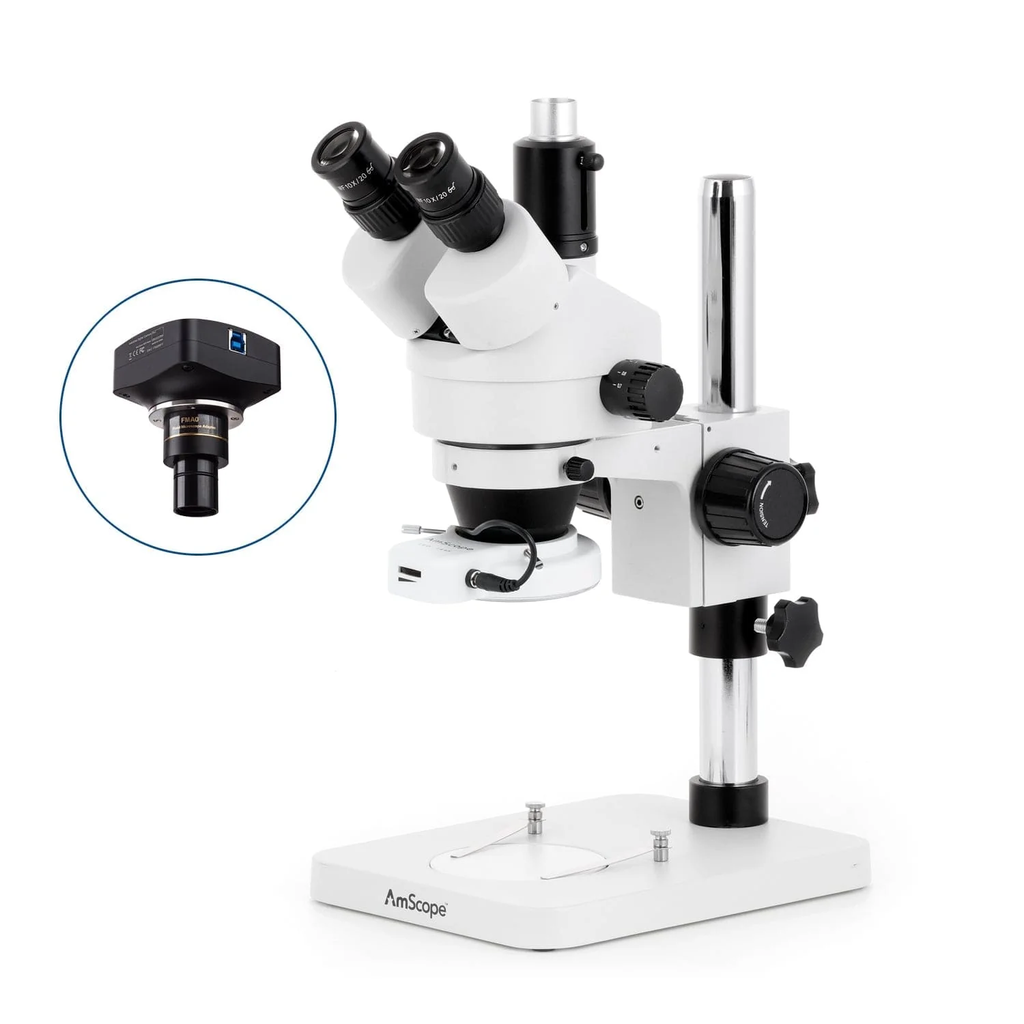 Microscopio Trinocular con Zoom estéreo 3,5X-90X con anillo de luz compacto de 144 LED y cámara con montura C USB 3,0 de 16MP en soporte de pilar Amscope SM-1TSZ-144S-16M3