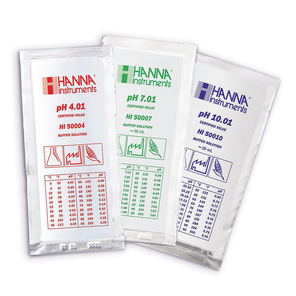 Sobres de solución de calibración, pH 4.01 y 7.01 a 25 ° C (5 cada uno x 20 mL) marca Hanna código HI77400P