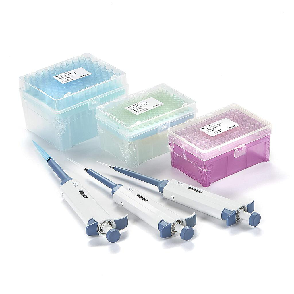 Juego de 3 pipetas de un solo canal de volumen variable, pipetas ajustables, 0,5-10 μl, 10-100 μl, 100-1000 μl con 3 cajas de puntas de pipeta estériles / Microyn / MT-SCP-10-100-1000-t