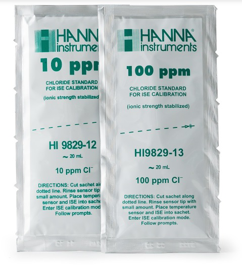 Bolsas estándar de calibración de cloruro de 10 ppm y 100 ppm para HI9829 (10 x 25 ml cada una) HANNA INSTRUMENTS - HI9829-12 / 13