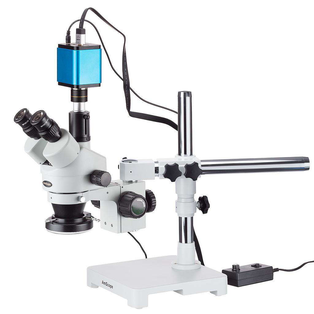 Estéreomicroscopio con zoom trinocular Simul-Focal 3.5X-90X con anillo de luz LED y cámara de 1080p Amscope SM-3TPZ-144-HD2