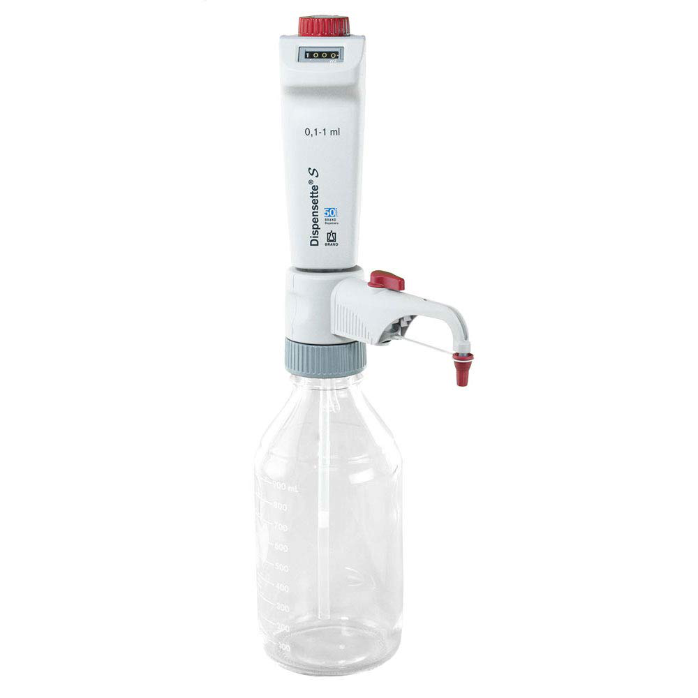 Dispensador de botella, calibración digital fácil, con válvula de recirculación, ajustable 0.1-1mL en incrementos de 0.005 mL Brandtech Scientific Dispensette S