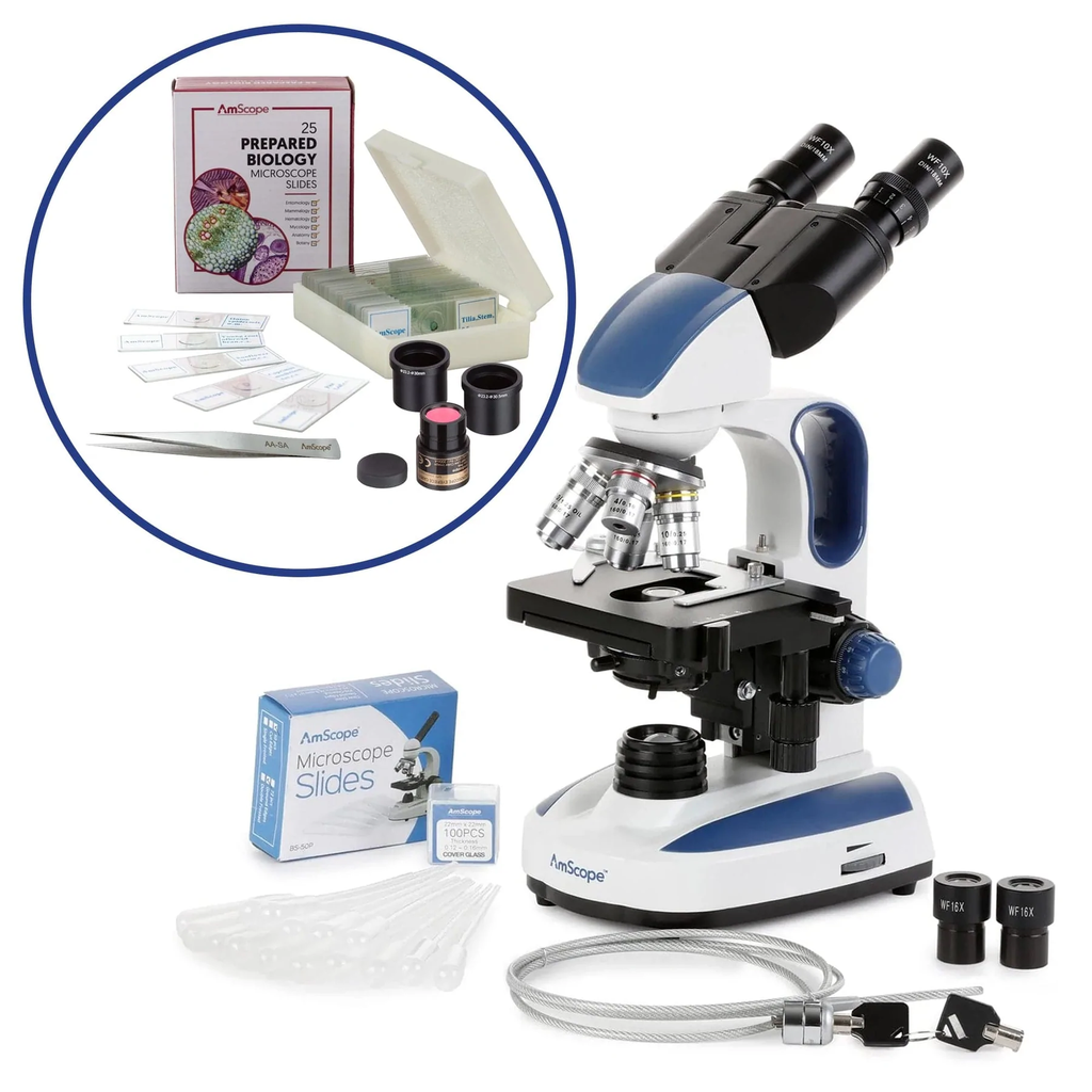 Microscopio compuesto binocular de laboratorio ergonómico LED 40X-2500X con escenario 3D, cámara digital de 5MP, juego de diapositivas preparadas de 25 piezas, 50 diapositivas en blanco y 100 cubreobjetos, pinzas, 25 pipetas de plástico y cierre de seguridad Amscope VB-B270C-STR