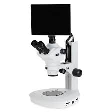 Microscopio estéreo trinocular de doble iluminación 8X-150X con soporte de pista y sistema de imágenes con pantalla táctil de 9,7&quot; Amscope SF-2TRAYY-TP