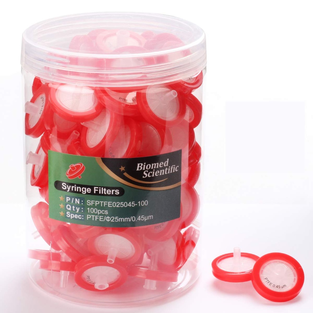 Filtro de jeringa con membrana de PTFE, 25 mm de diámetro, tamaño de poro de 0.45 µm, no estéril, paquete de 100 unidades (copiar)