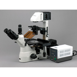 Microscopio de fluorescencia con corrección infinita invertido trinocular 40X-1500X con iluminación Koehler + cámara CCD de 5MP Amscope IN480TC-FL-5MF