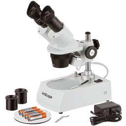 Microscopio estéreo compacto de múltiples lentes 20X-80X con cabezal en ángulo, soporte de pilar de metal, iluminación LED superior e inferior Amscope SE306R-PZ-LED